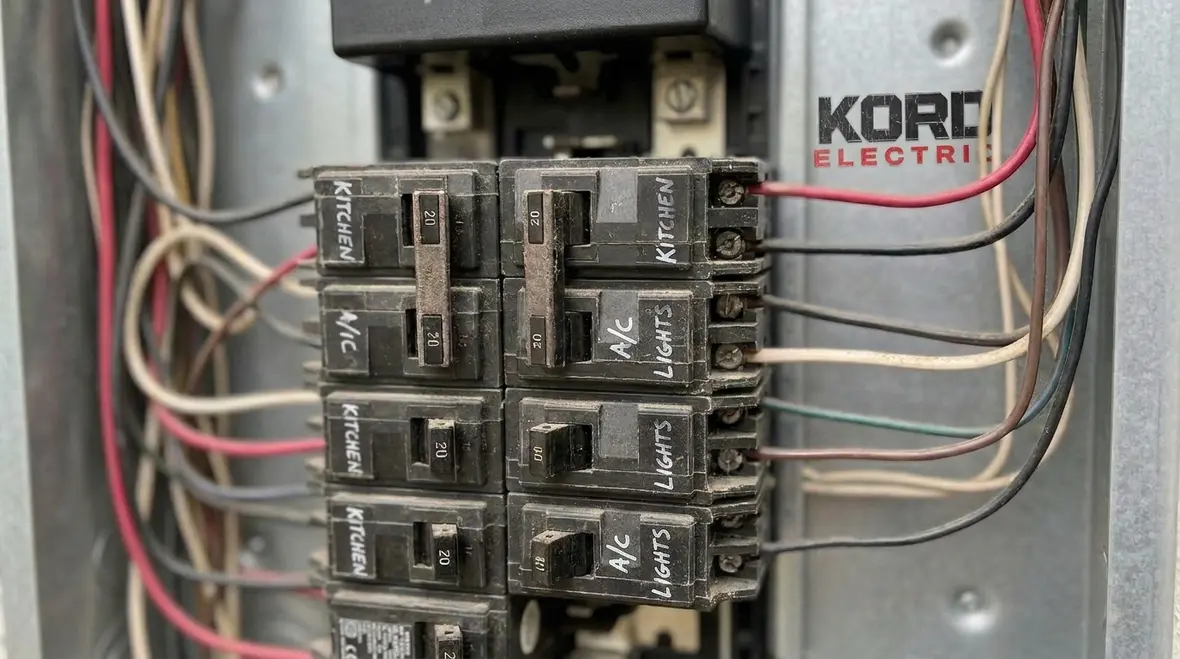 Close up of clearly organized hospital electrical panel labels