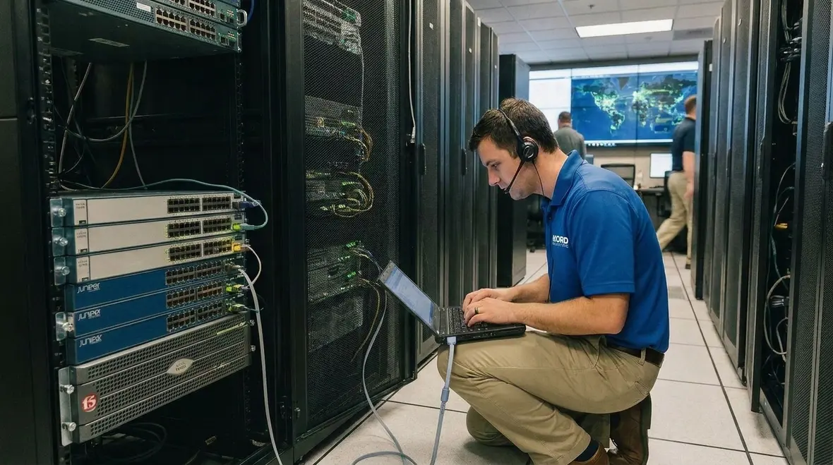 Technicians reviewing data center workload distribution across racks