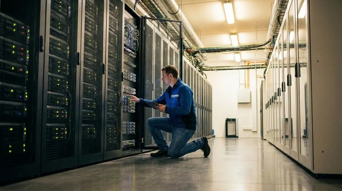 Technicians reviewing data center workload distribution across servers and power paths