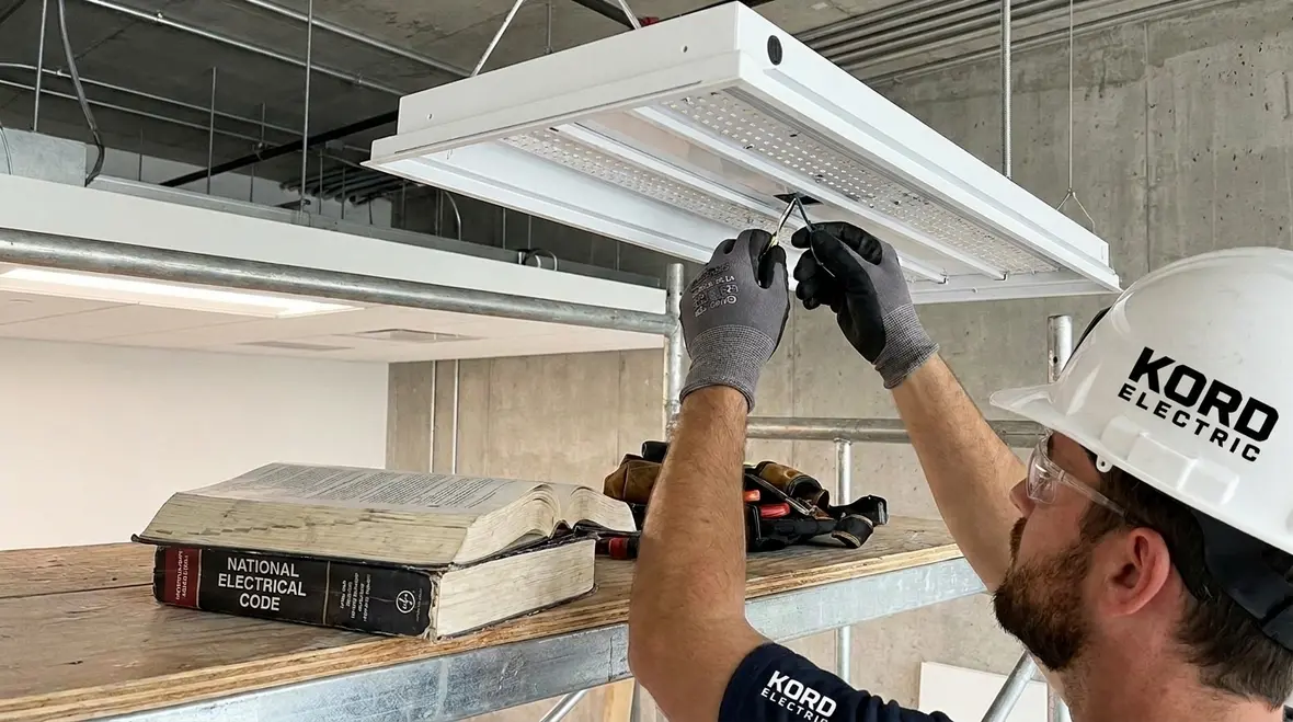 Electricians reviewing commercial lighting code requirements in Los Angeles
