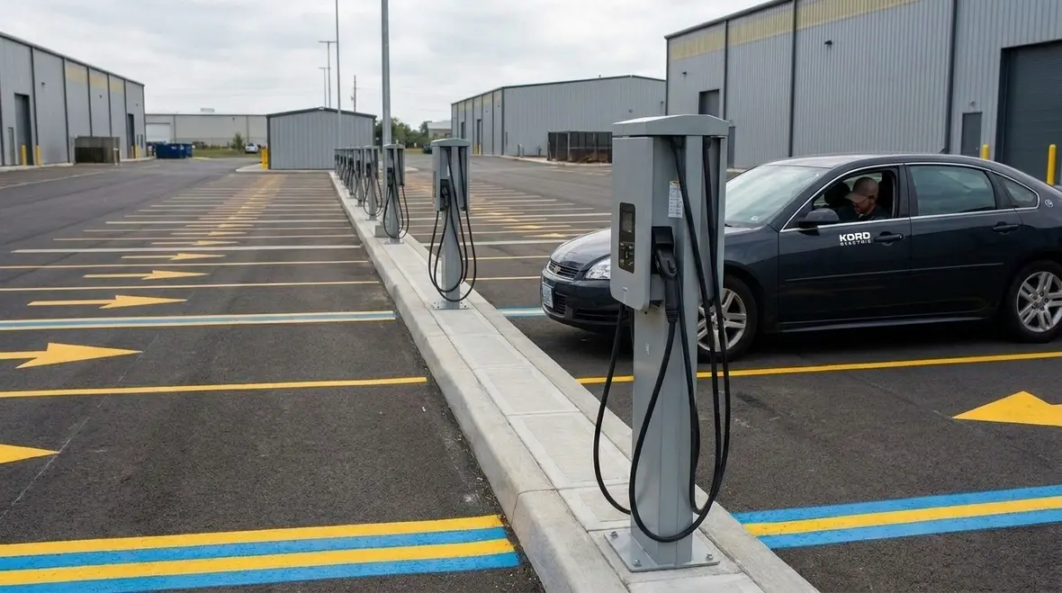 EV fleet parking bays arranged for smooth traffic flow around charging stations
