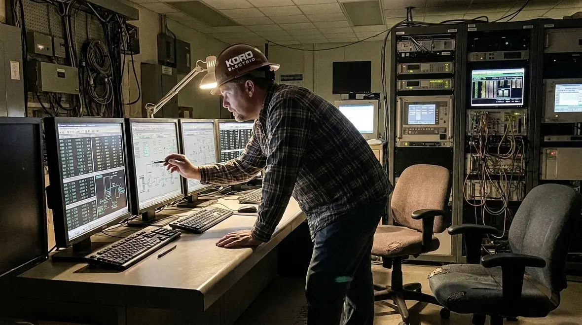 Technicians reviewing electrical load data in an industrial facility