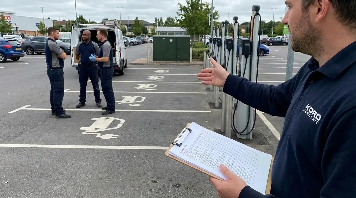 Technicians reviewing a commercial EV charger installation checklist on site
