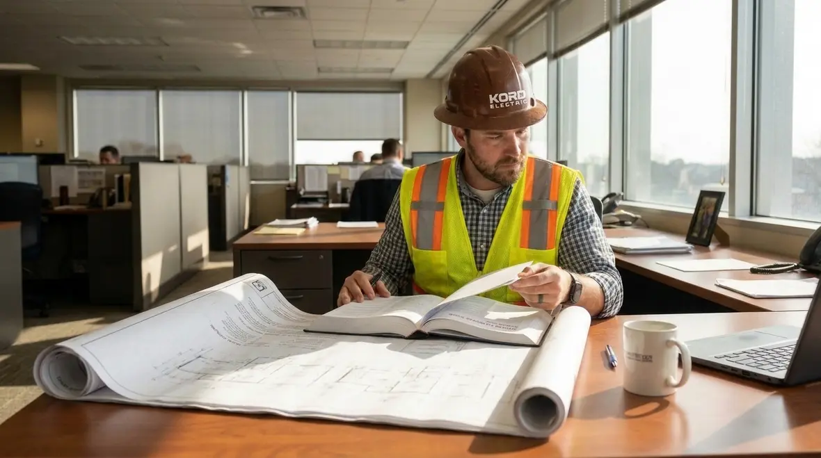 Electrician reviewing NFPA 70 National Electrical Code for a commercial facility