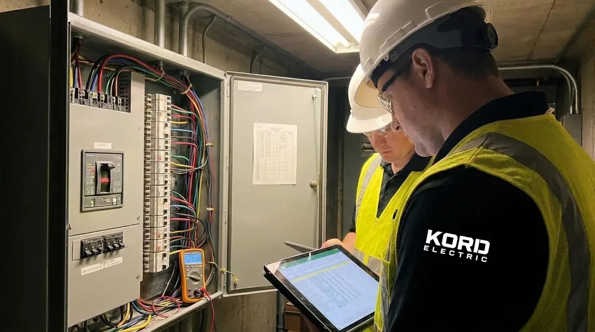 Commercial electricians measuring load and capacity in an electrical room