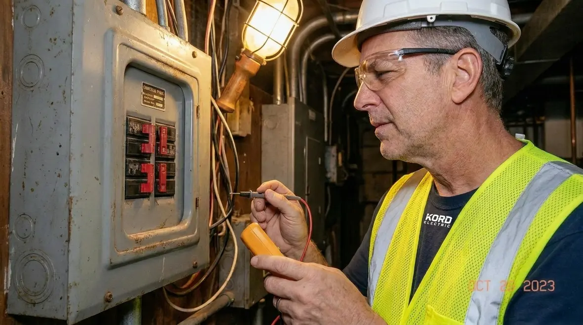 Technician reviewing a commercial electrical panel for upgrade needs