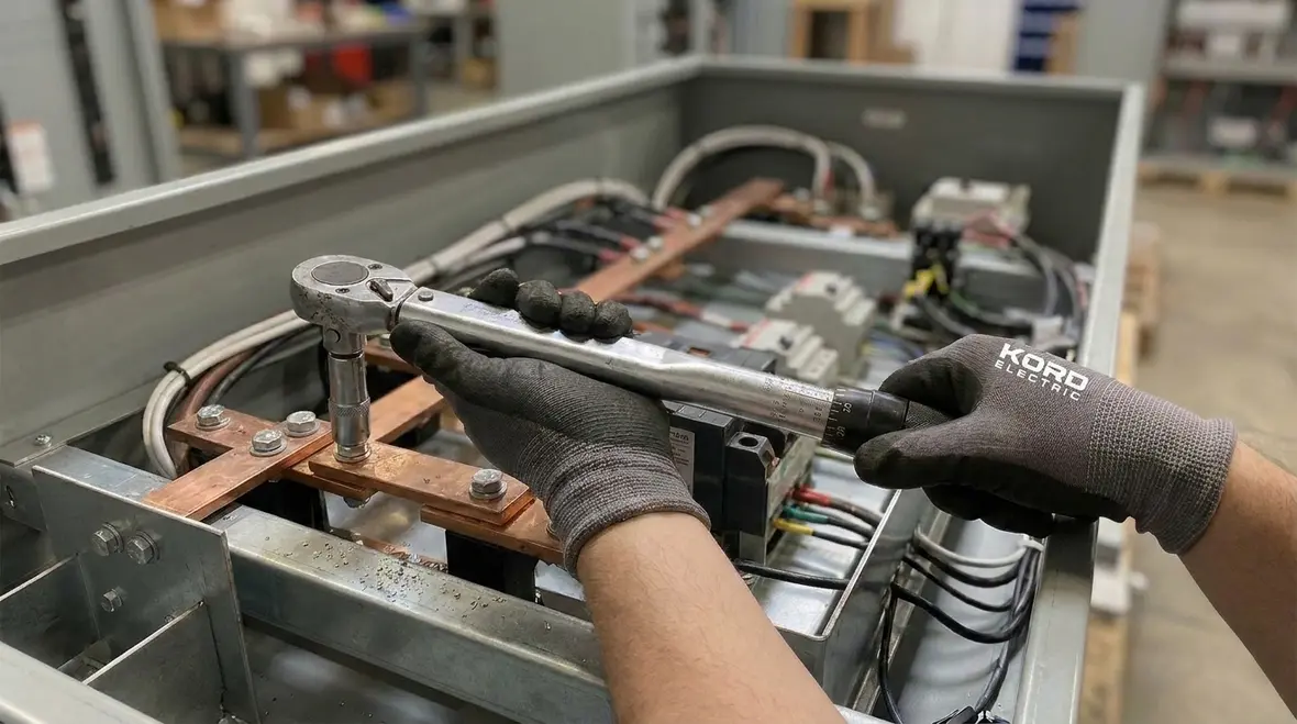 Commercial electrician inspecting a service panel for signs of required upgrades