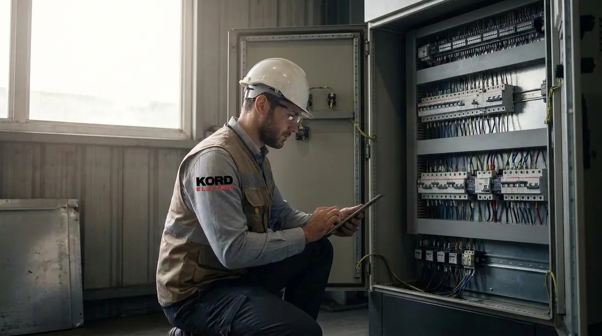 Industrial electrician testing switchgear and motor circuits for failure sources