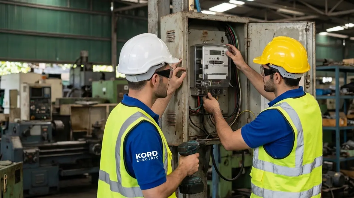 Industrial electrical technician reviewing commercial meter installation plan
