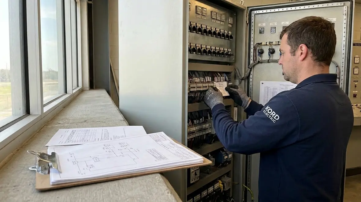 Close-up of industrial electrical panel components during safety check