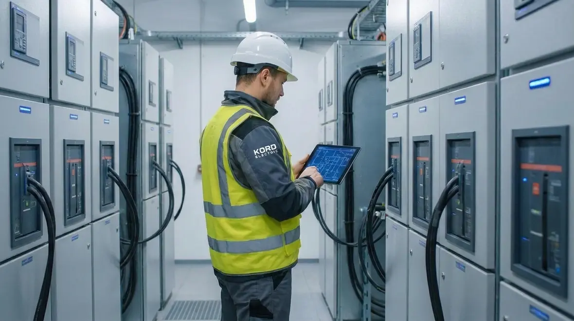 Technicians reviewing data center electrical power planning one-line diagrams