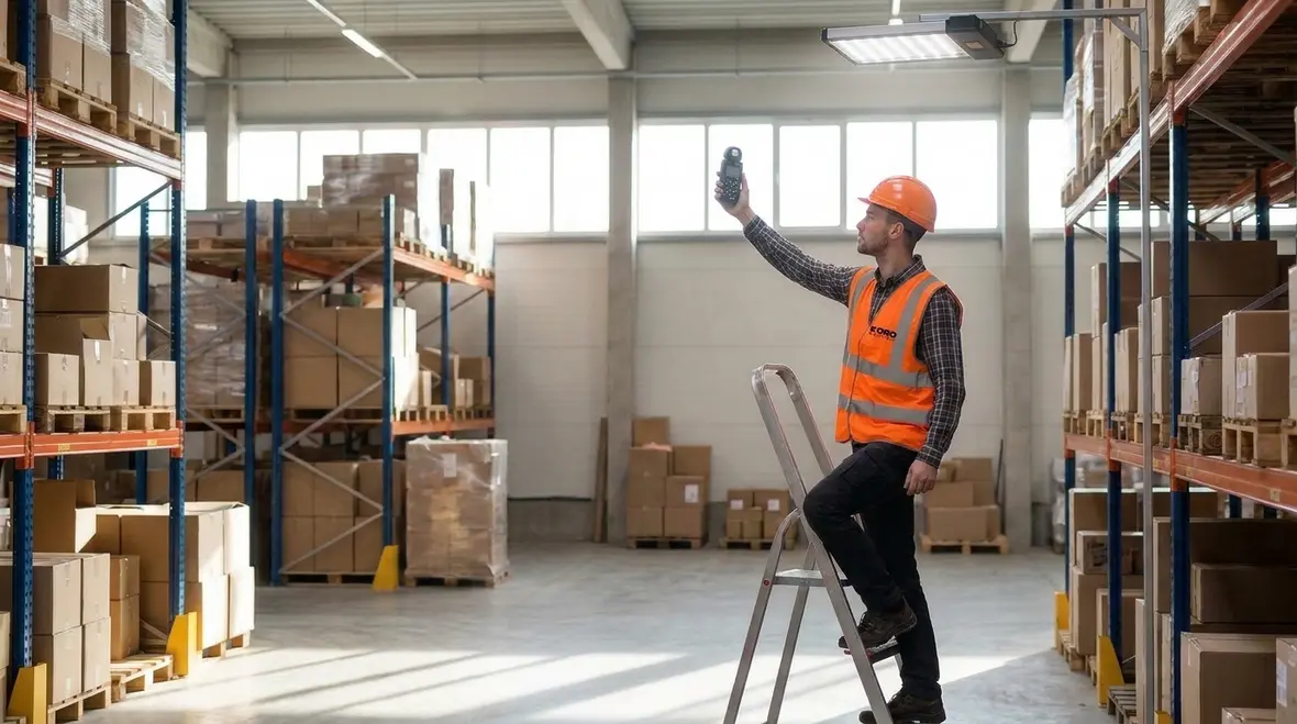 Technician performing an industrial lighting audit in a warehouse
