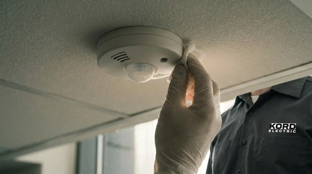 Technician maintaining smart lighting controls for industrial energy, comfort, and uptime