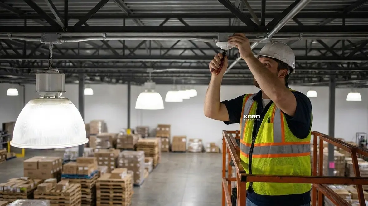 Technicians reviewing 2026 California commercial lighting code guide for a large facility