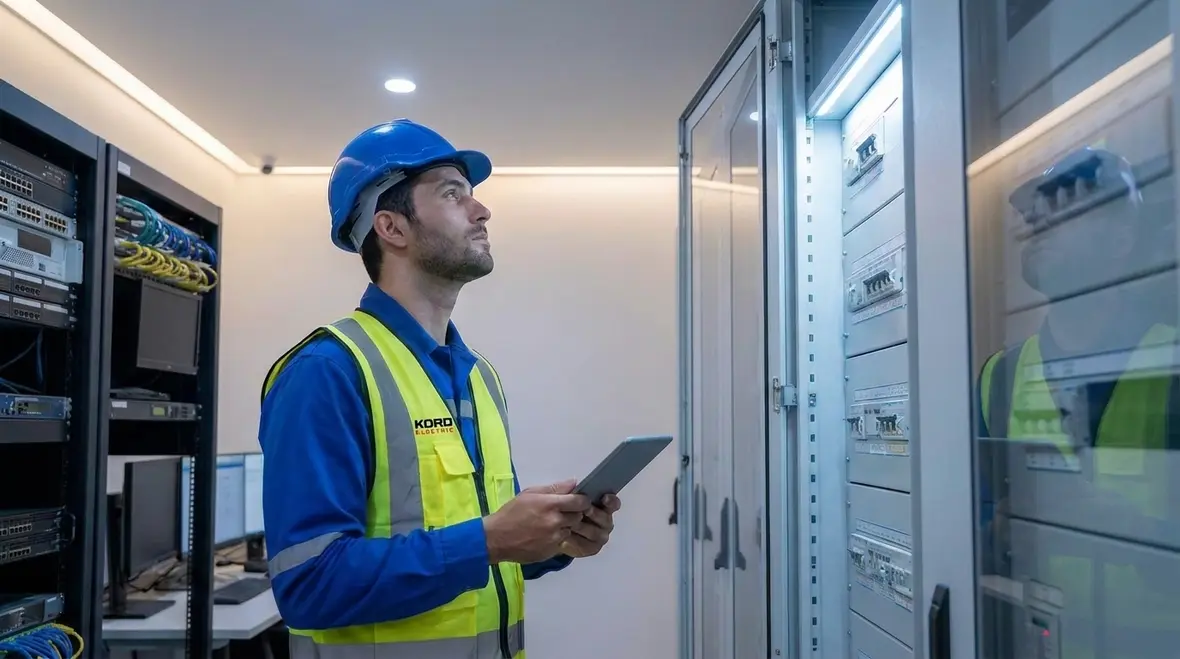 Technician reviewing load management strategies for commercial buildings