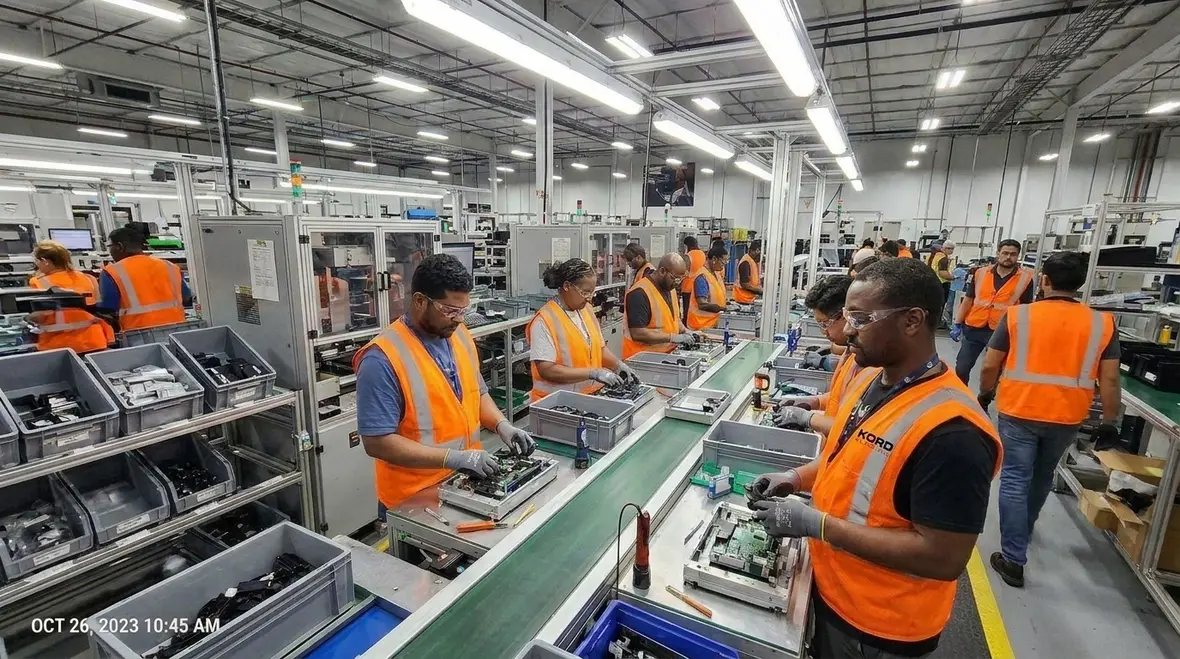 Technicians reviewing manufacturing lighting layout and fixtures