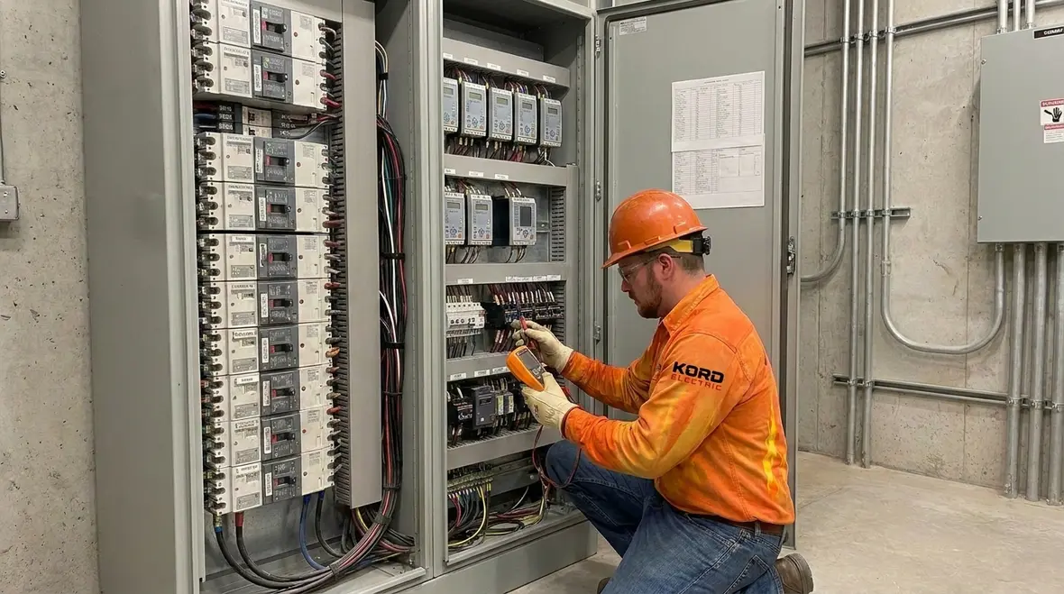 Technicians reviewing modern electrical systems for commercial buildings in a main switchgear room