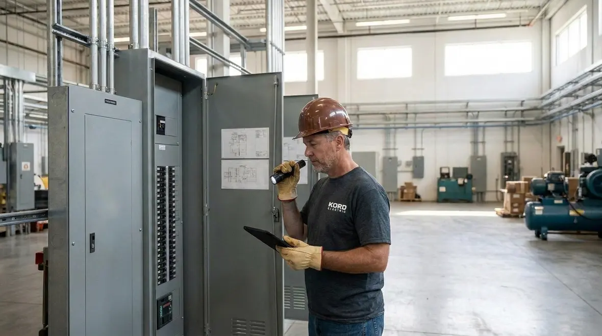 Electrician reviewing NEC 110.1 general requirements scope on a commercial electrical panel