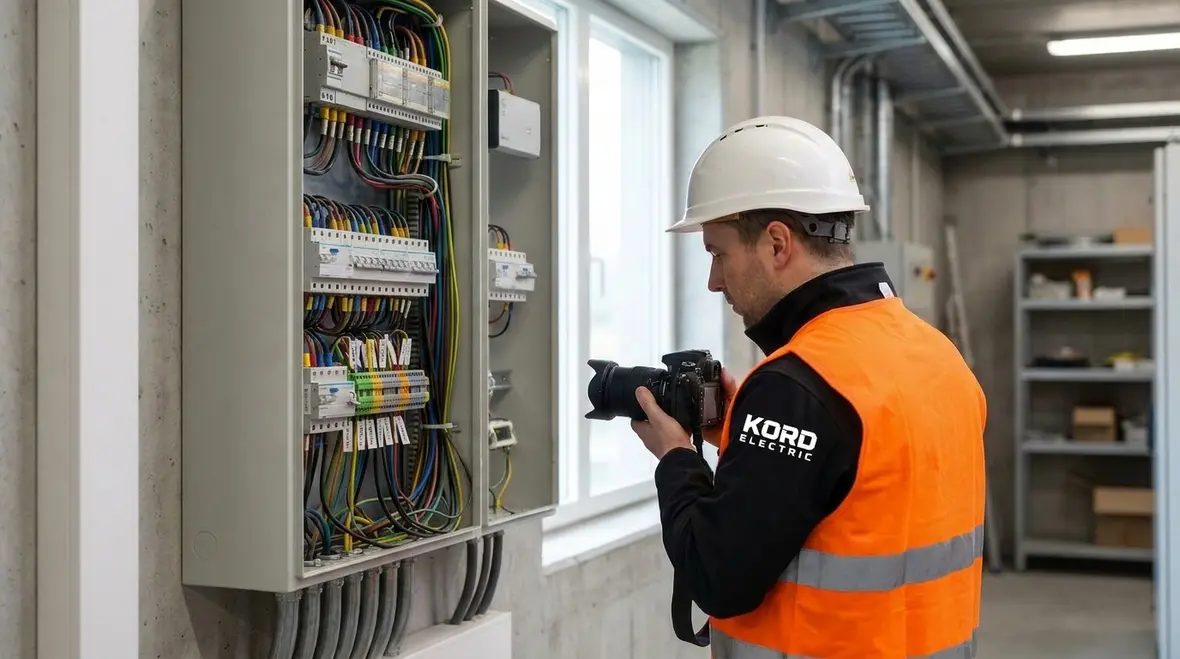 Electricians reviewing NEC 2020 electrical safety requirements for a commercial building