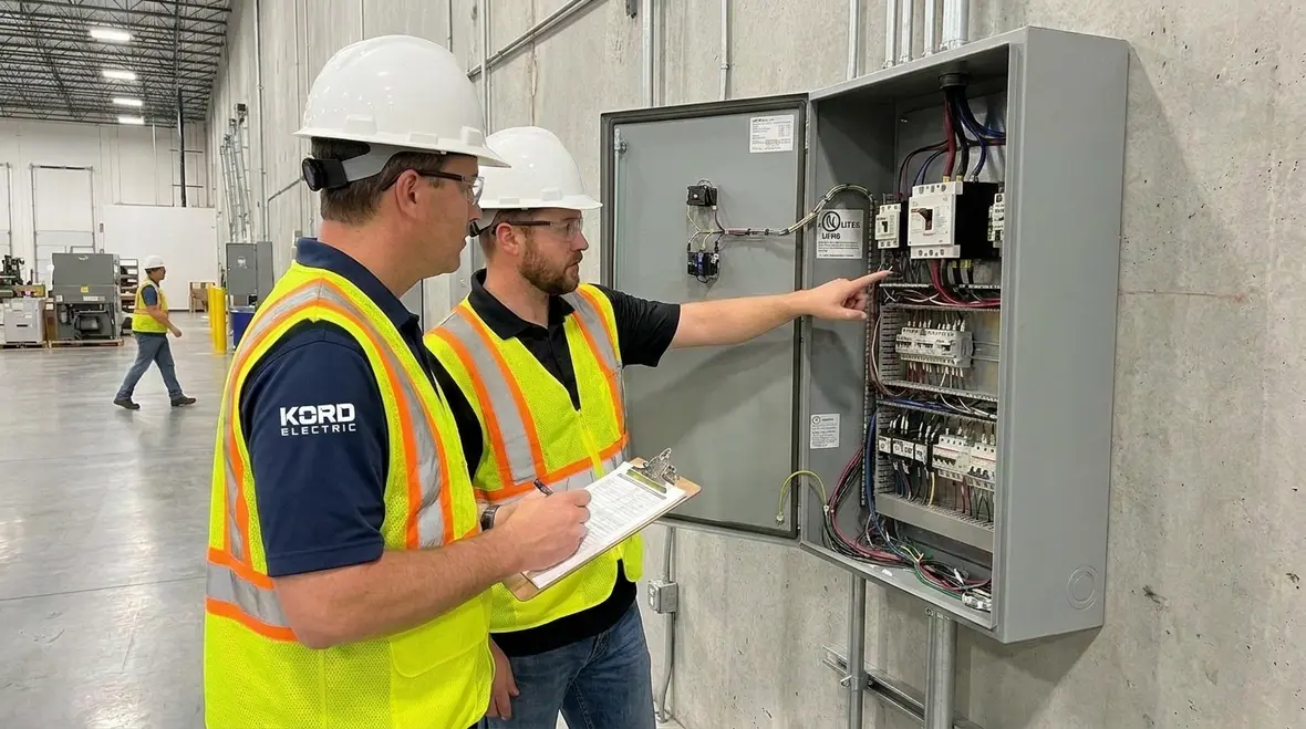 Technician reviewing NEC equipment approval requirements code on labeled switchgear