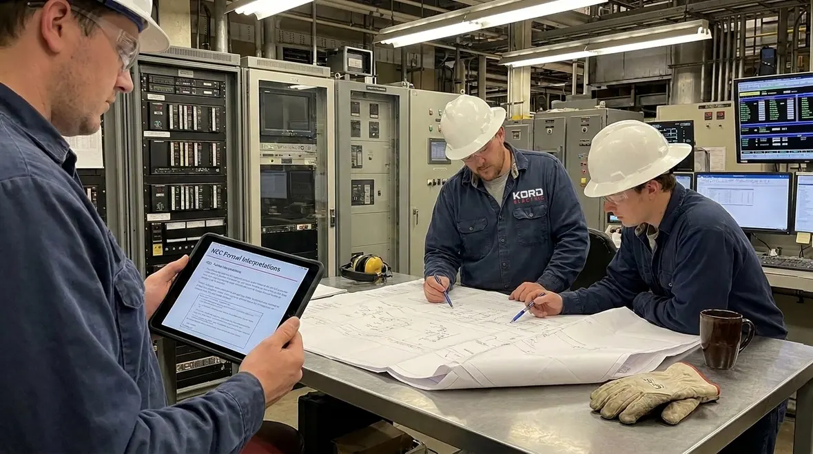Commercial electrical technicians reviewing NEC formal interpretations for NFPA 70 Section 90.6
