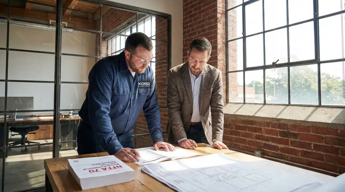 Electrician reviewing NEC 90.5 mandatory versus permissive rules for a commercial building
