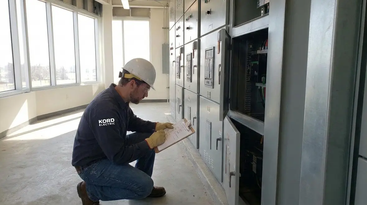 Electrician reviewing NEC nominal system voltages rules on commercial switchgear