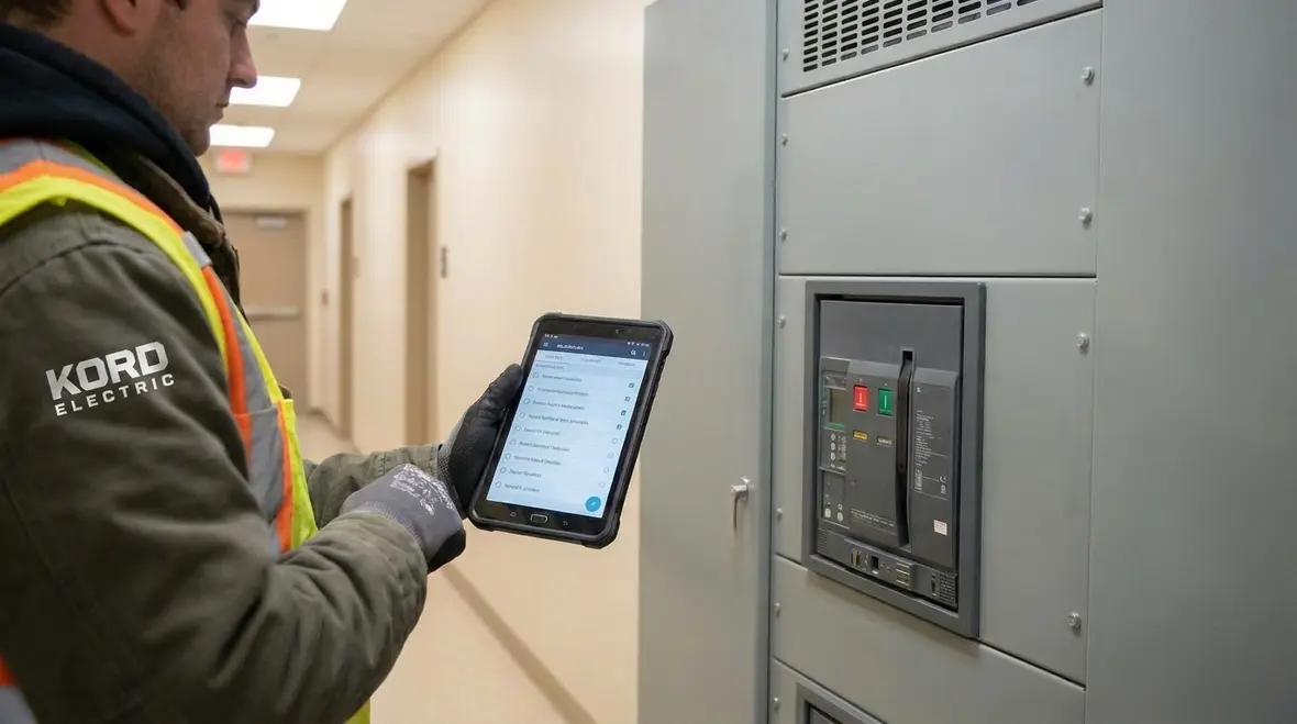 Technician reviewing NEC product certification listing requirements on labeled electrical equipment