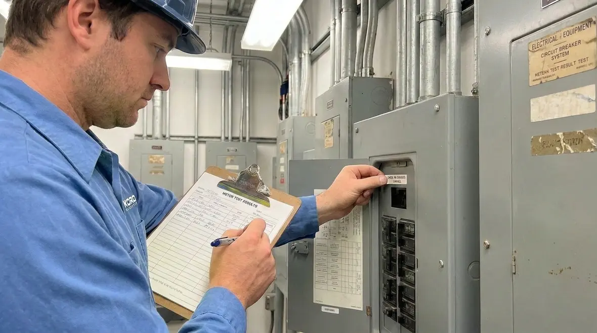 Technician verifying NEC unit consistency on field labels and test equipment
