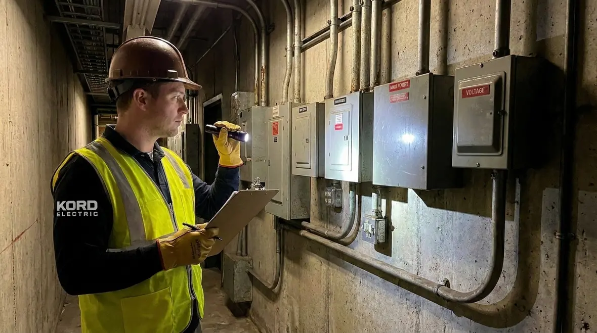 Inspector reviewing electrical conduit routing and layout during inspection