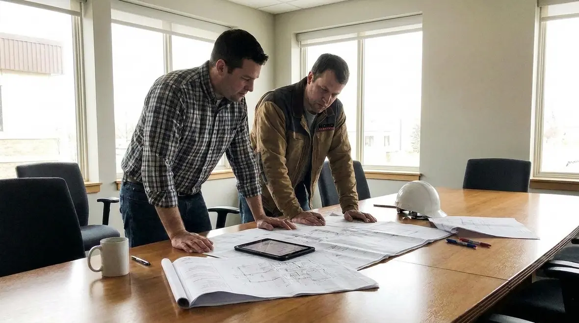 Technicians planning electrical metering for a commercial facility
