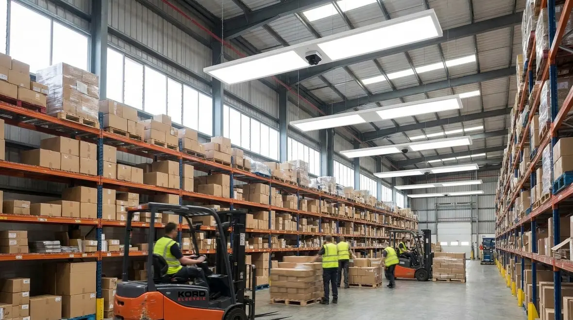 Smart warehouse lighting controls over racking and aisles