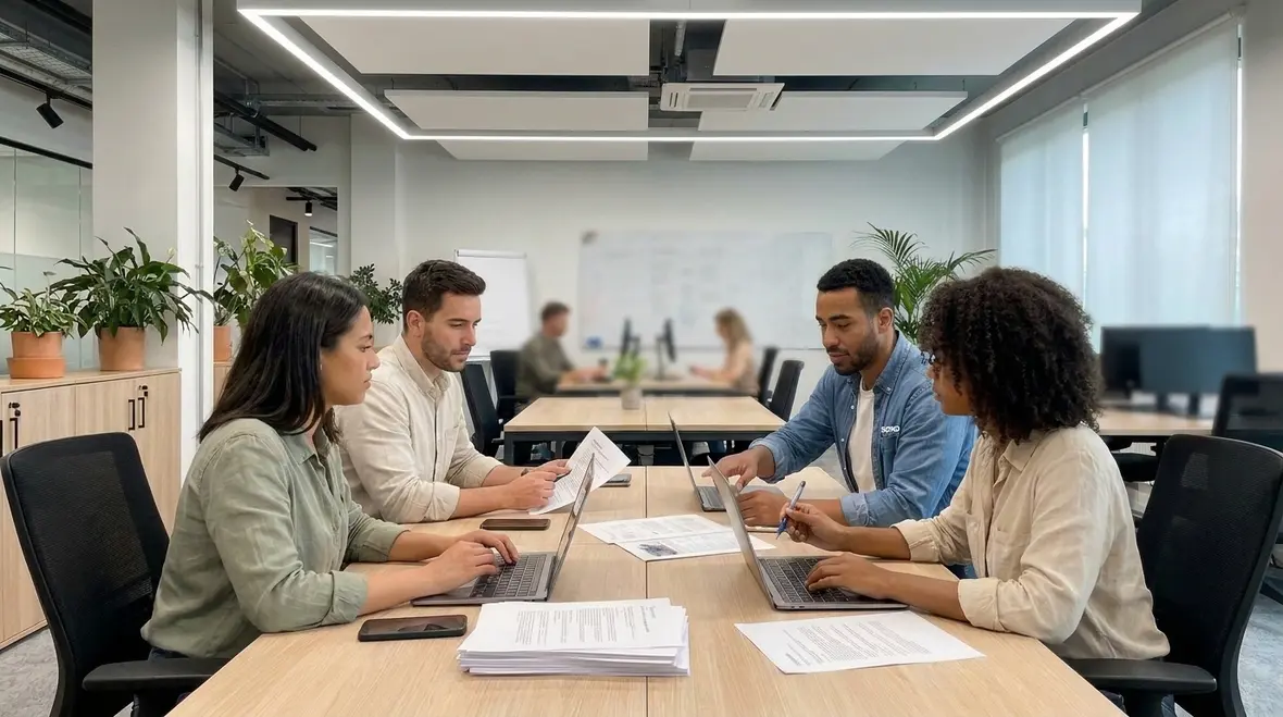 Technicians planning commercial office lighting retrofit around operations
