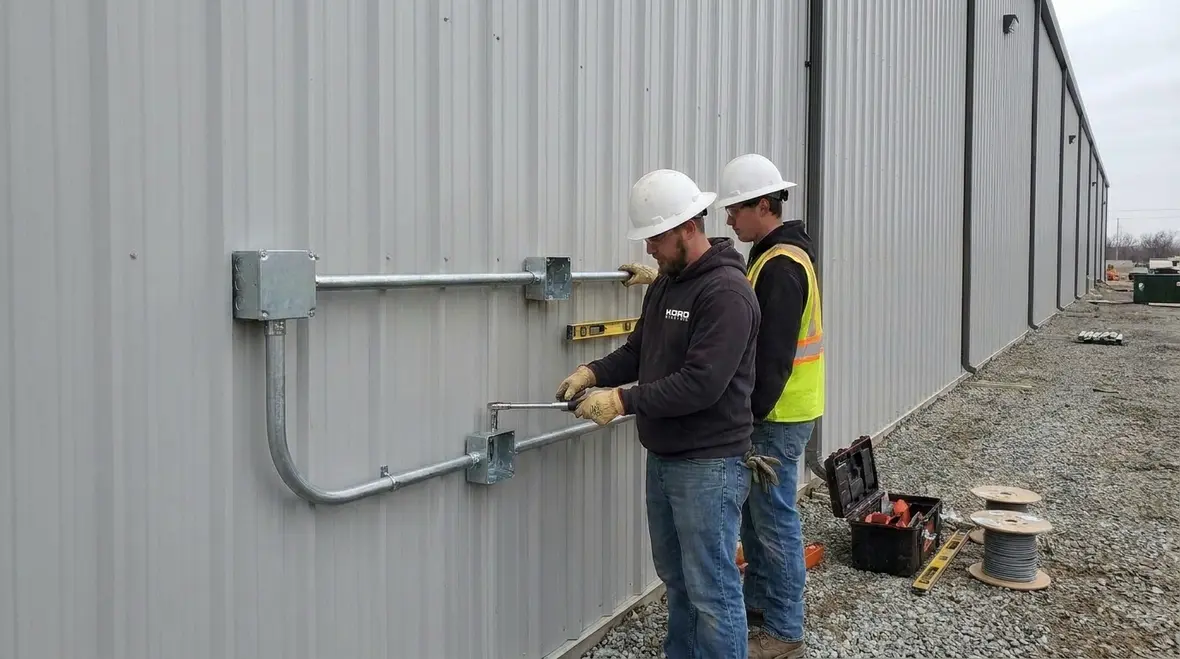 Designers reviewing commercial site plan for outdoor lighting compliance and safety