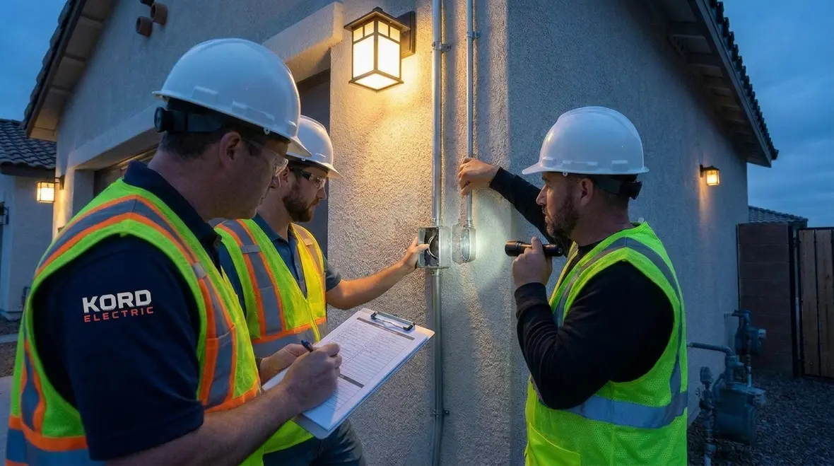 Commercial outdoor lighting installer team planning exterior fixture layout at night