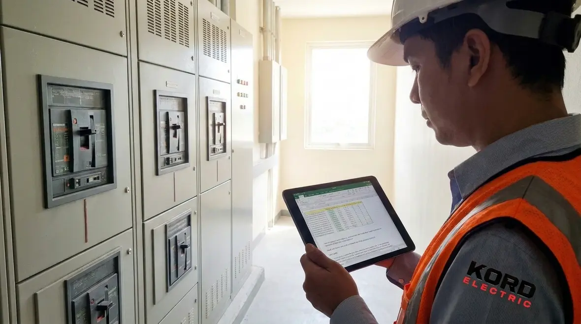 Technician reviewing commercial power audit data on tablet
