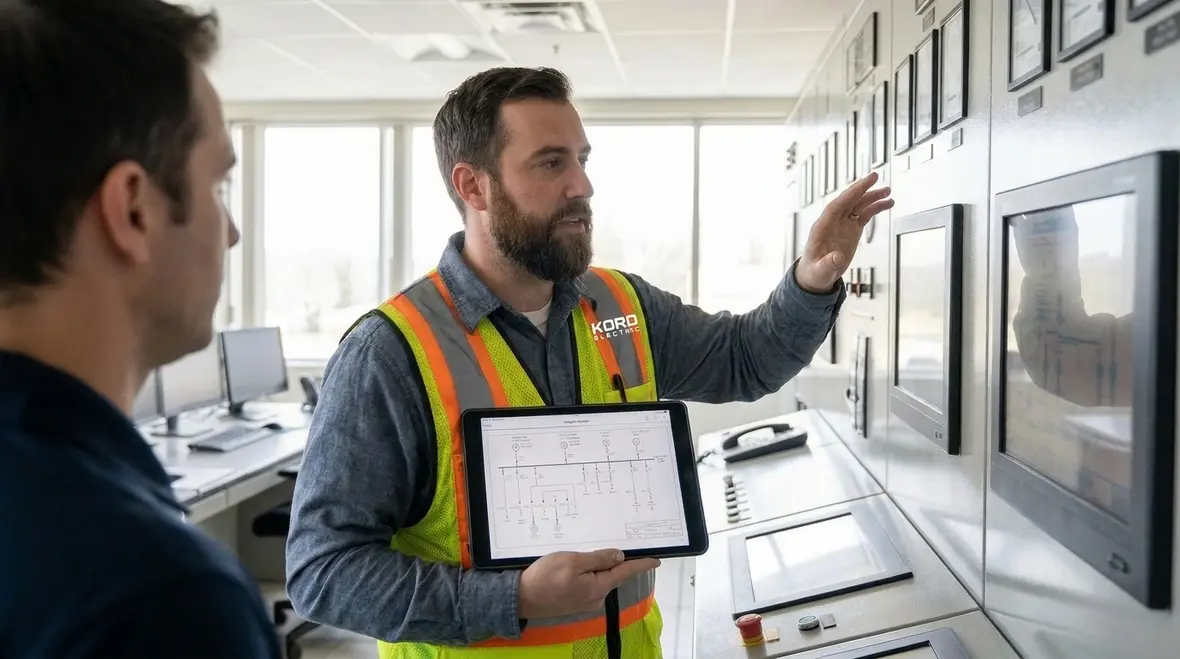 Technician performing a commercial power equipment audit on main electrical panels