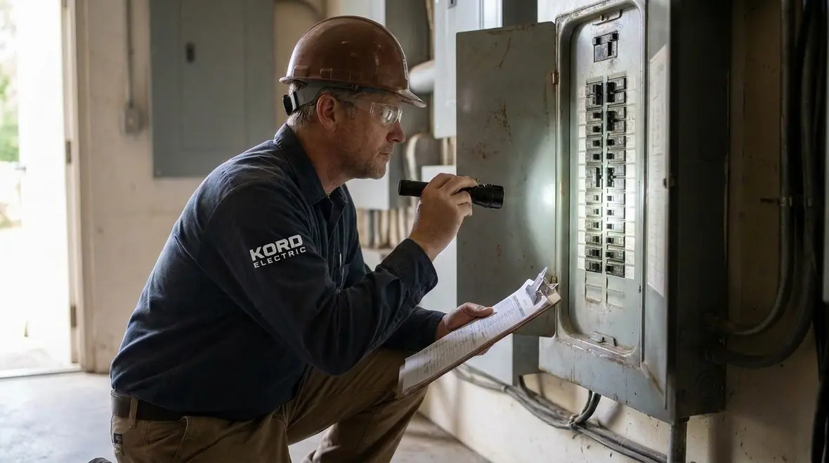 Technician performing a power equipment audit on commercial electrical gear