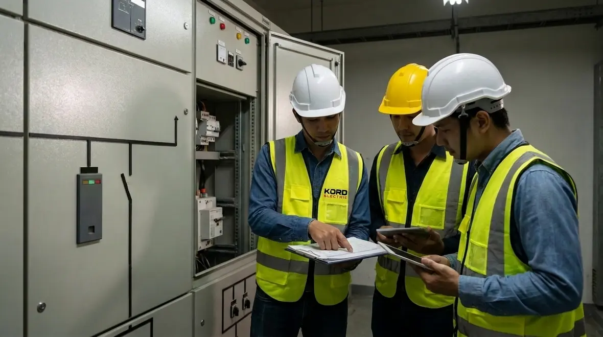 Technicians performing a power reliability audit in a commercial electrical room