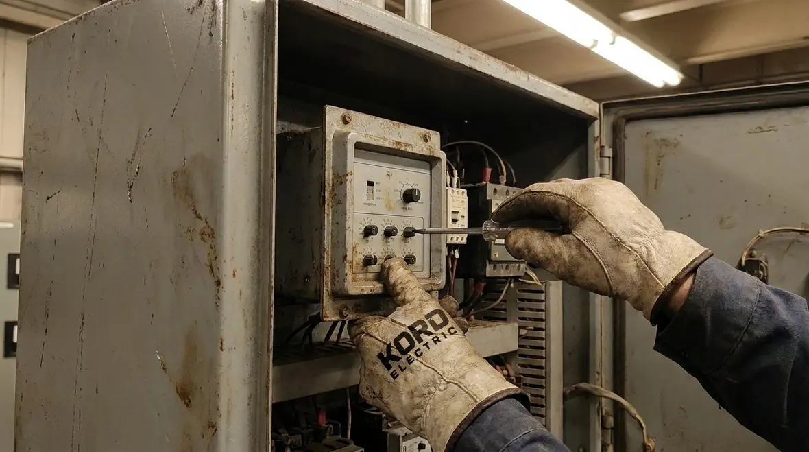 Commercial electrician performing arc flash and protection testing on switchgear