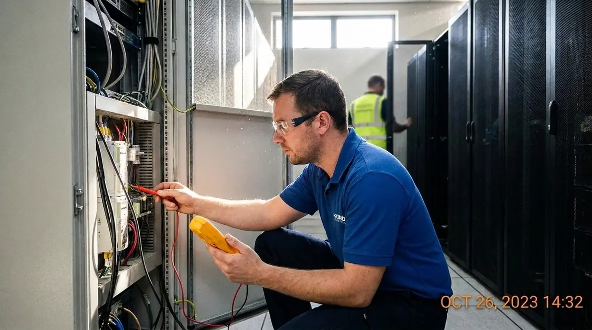 Data center electrical one-line diagram being reviewed by technicians
