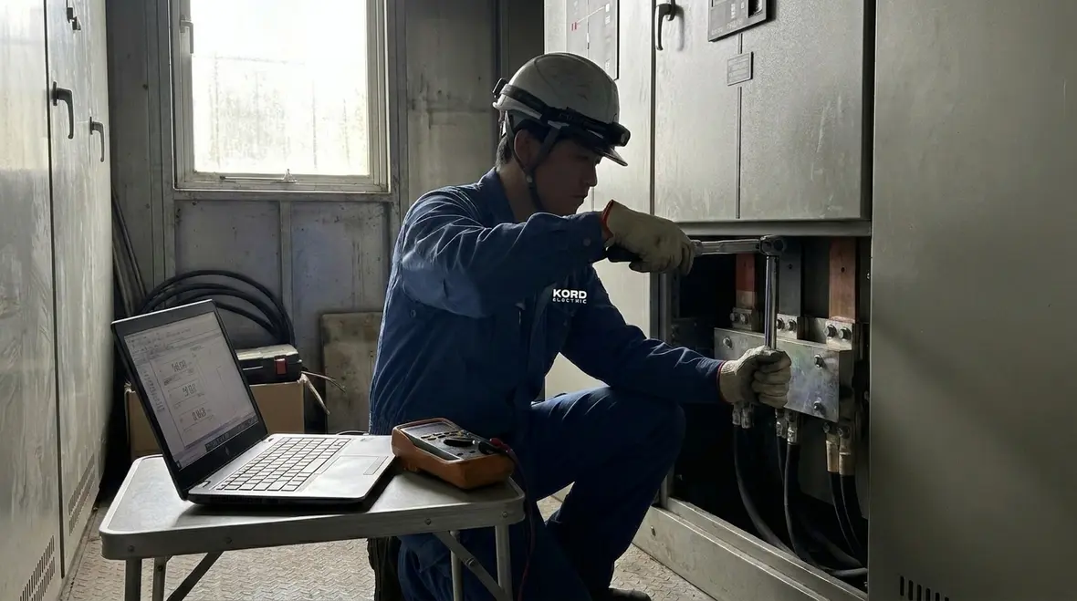 Technicians performing scheduled electrical preventive maintenance in a commercial facility