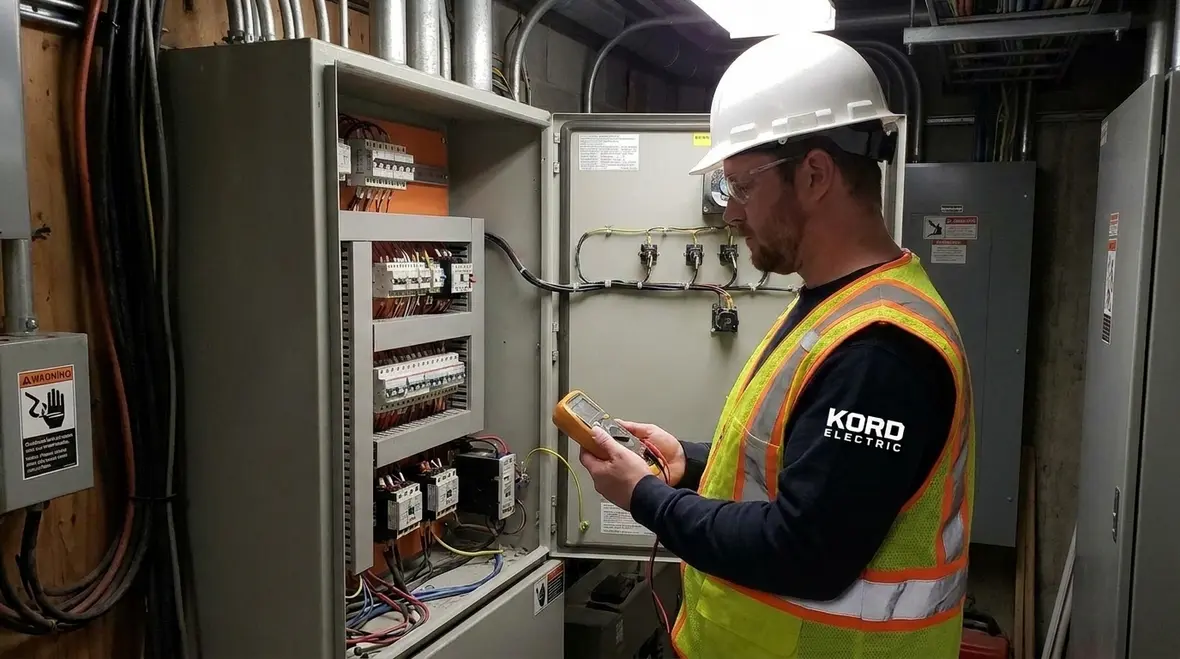 Preventive electrical maintenance contractor inspecting commercial electrical panels