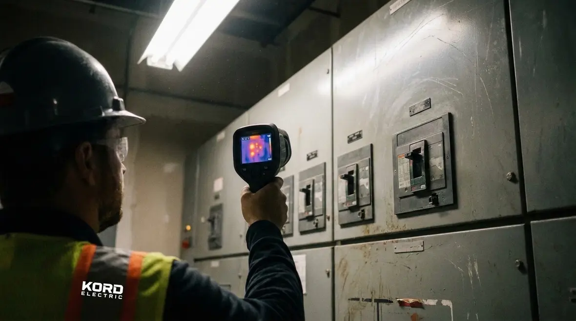 Technician performing preventive electrical maintenance in a commercial electrical room