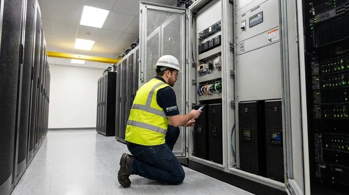 Technicians reviewing redundant data center power design one-line diagram