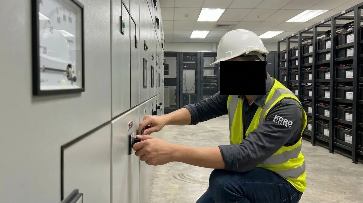 Technicians reviewing data center electrical equipment and thermal conditions