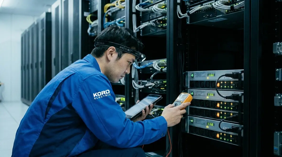 Data center technicians reviewing critical power paths for uptime strategy