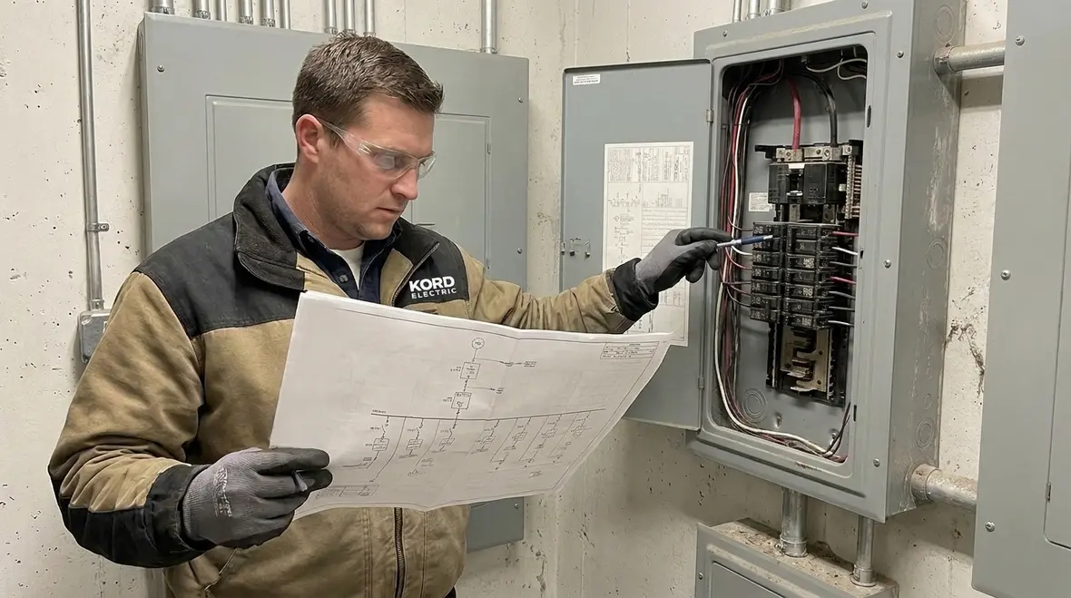 Technicians performing site and line load balancing in a commercial electrical room
