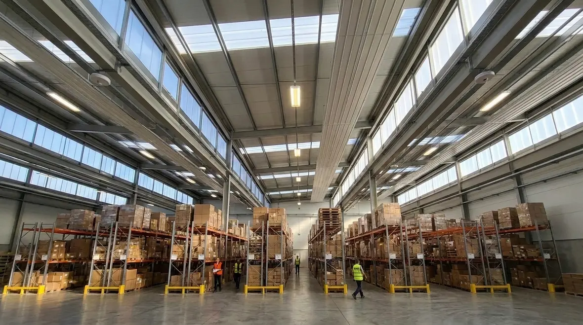 Warehouse daylight harvesting with skylights and sensors