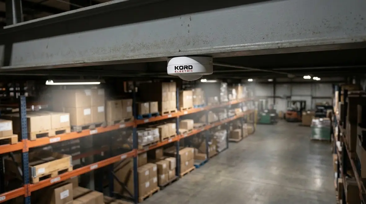 Automated warehouse lighting zones responding to forklifts and workers